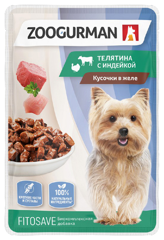 

Влажный корм для собак ZOOGURMAN Телятина с индейкой в желе, 85 г
