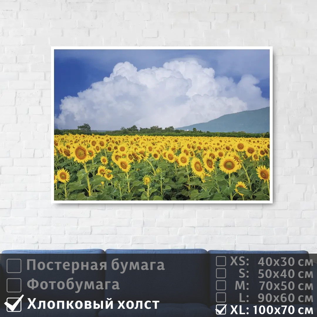 

Постер на холсте ПолиЦентр Подсолнухи под голубым небом с облаками 100х70 см, ПодсолнухиПодГолубымНебомСОблаками1