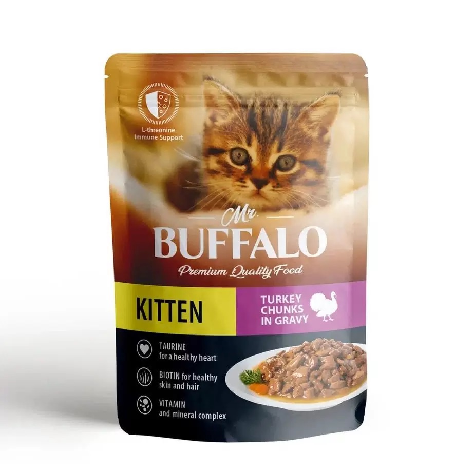 Влажный корм для котят Mr.Buffalo KITTEN, индейка на пару в соусе, 28 шт по 85 г