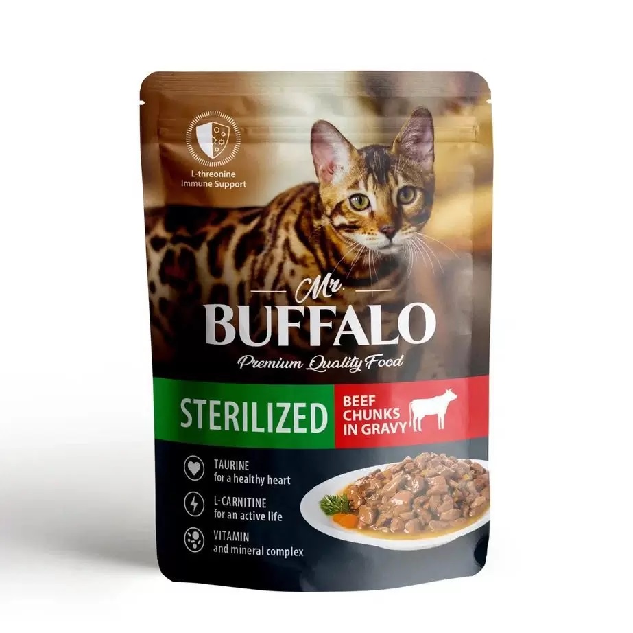 Влажный корм для кошек MrBuffalo STERILIZED говядина в соусе 28 шт по 85 г 2420₽