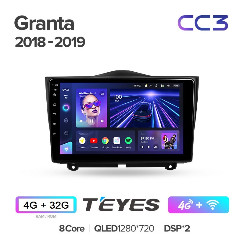 Автомагнитола Teyes CC3 4/32Гб Lada Granta FL ANDROID 10, QLED экран