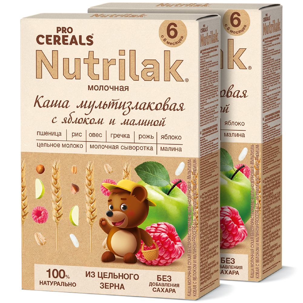 Каша молочная Nutrilak PROCEREALS цельнозерновая Мультизлаковая яблоко малина, Нутрилак каша молочная nutrilak пшеничная яблоко premium procereals с 5 месяцев 200 г