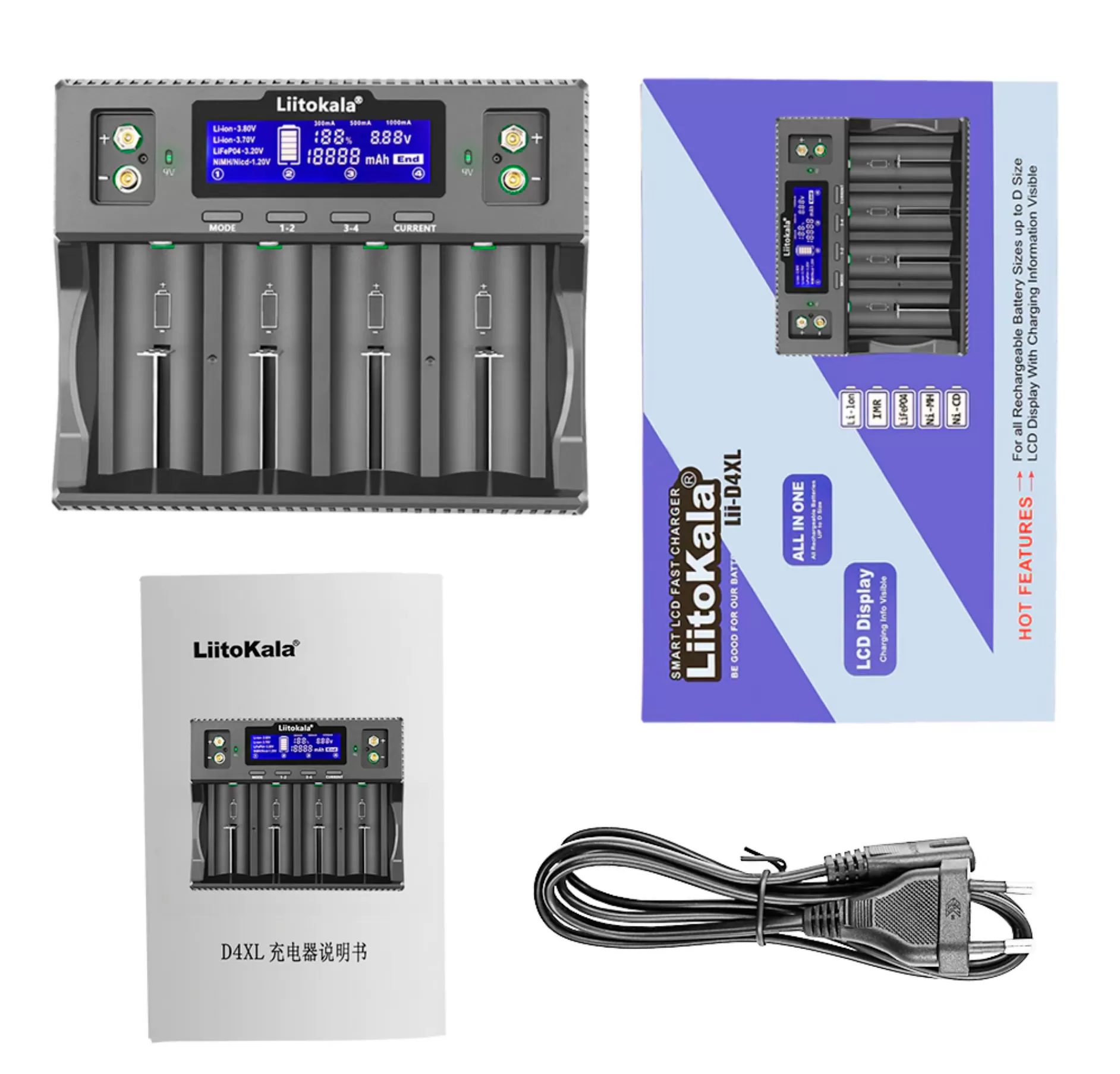 

Зарядное устройство Liitokala Lii-D4XL (для 4-x аккумуляторов 32700-10440 , Li-ion/NiMh, т, D4XL