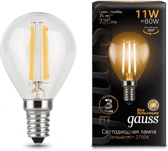 

Лампа Gauss LED Filament 11W 105801111 2700K E14 шар, GAUSS