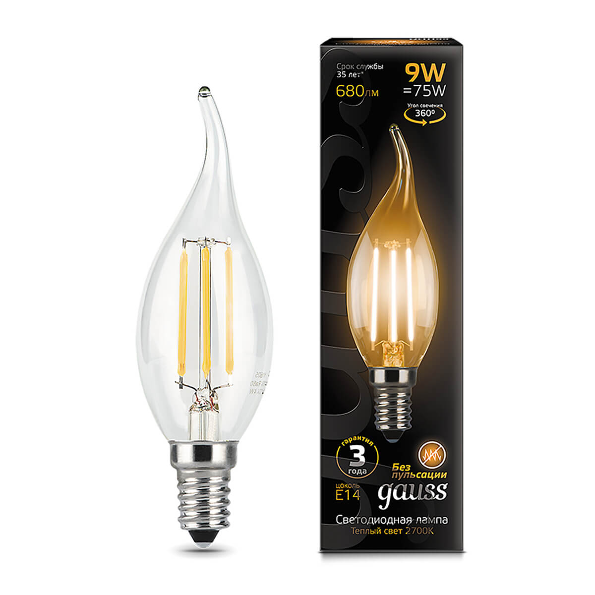 Лампочки Лампа Gauss LED Filament 9W 104801109 2700K E14 свеча на ветру