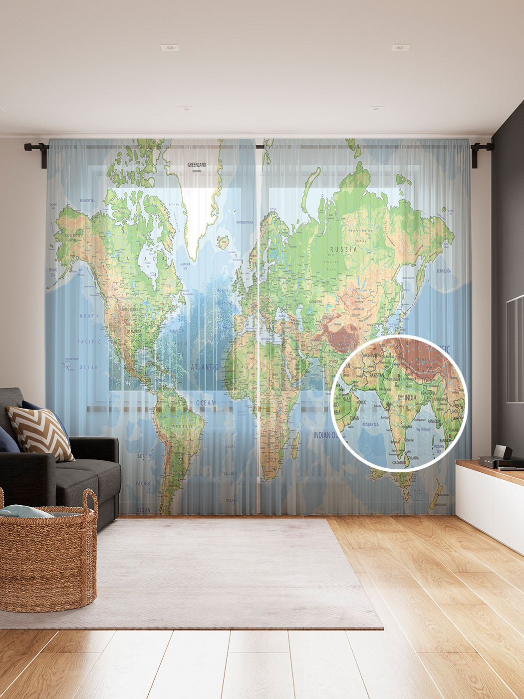 

Фототюль JoyArty "Мир на карте", 145x265см (2 полотна со шторной лентой + 50 крючков), Мир на карте