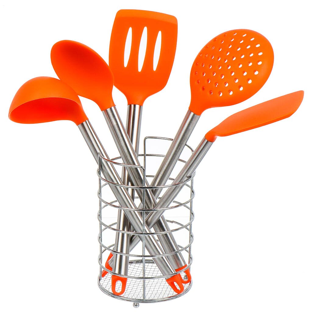 фото Набор кухонных принадлежностей 5 предметов, силикон, на подставке, оранжевый, y4-6433 nobrand