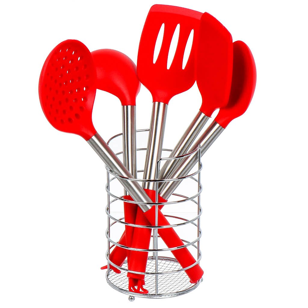 фото Набор кухонных принадлежностей 5 предметов, силикон, на подставке, красный, y4-6434 nobrand