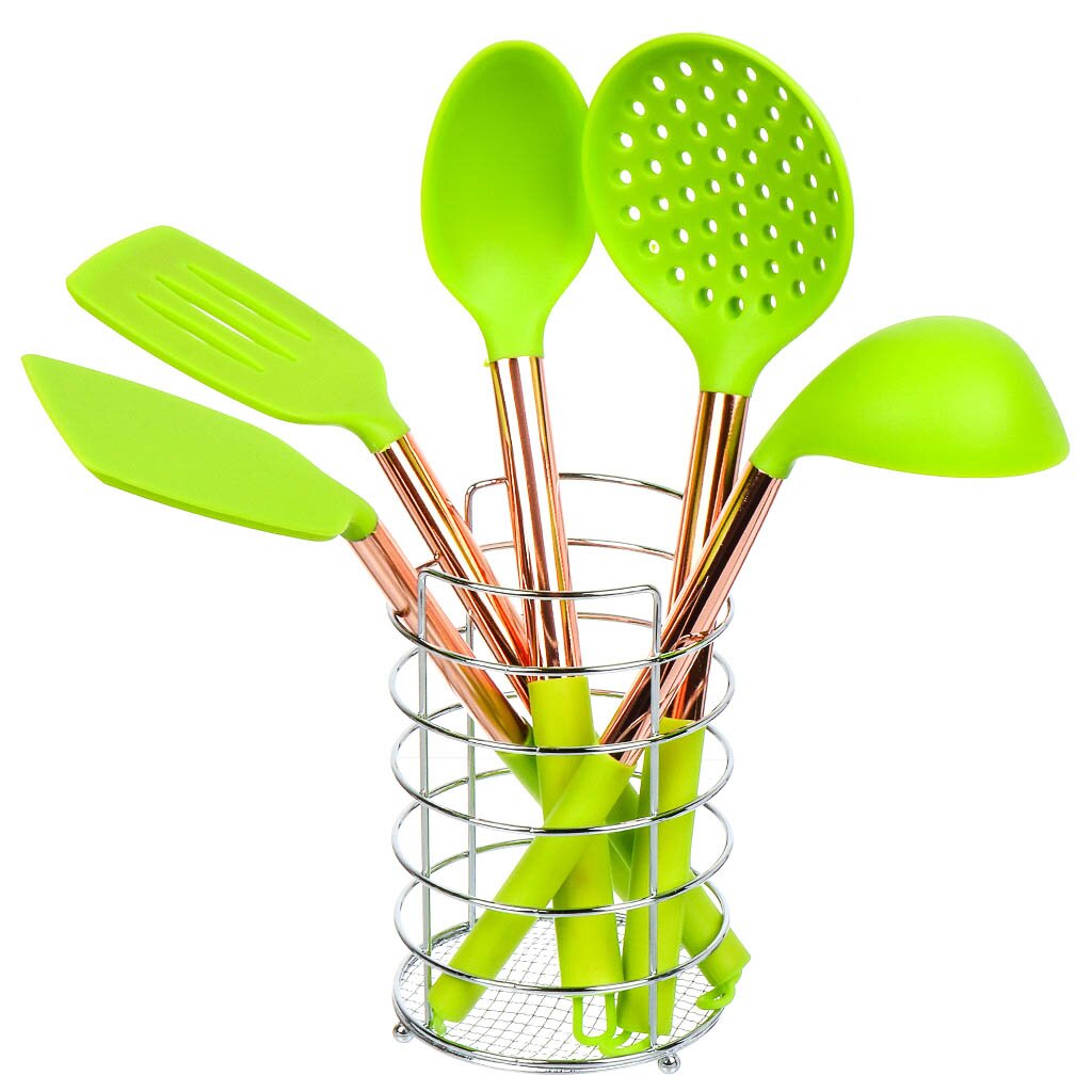 фото Набор кухонных принадлежностей 5 предметов, силикон, на подставке, зеленый, y4-6437 nobrand