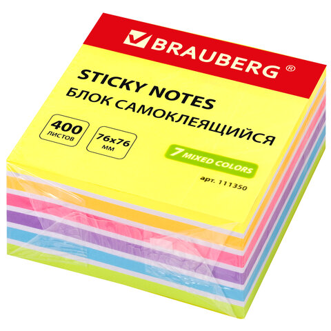 

Блок самоклеящийся Brauberg неоновый 76х76 мм, 400 листов, 7 цветов, 111350, 3 шт, Разноцветный
