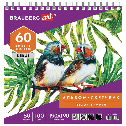 

Скетчбук, белая бумага 100 г/м2, 190х190 мм, 60 л., Brauberg Art Debut, 110998, 5 шт