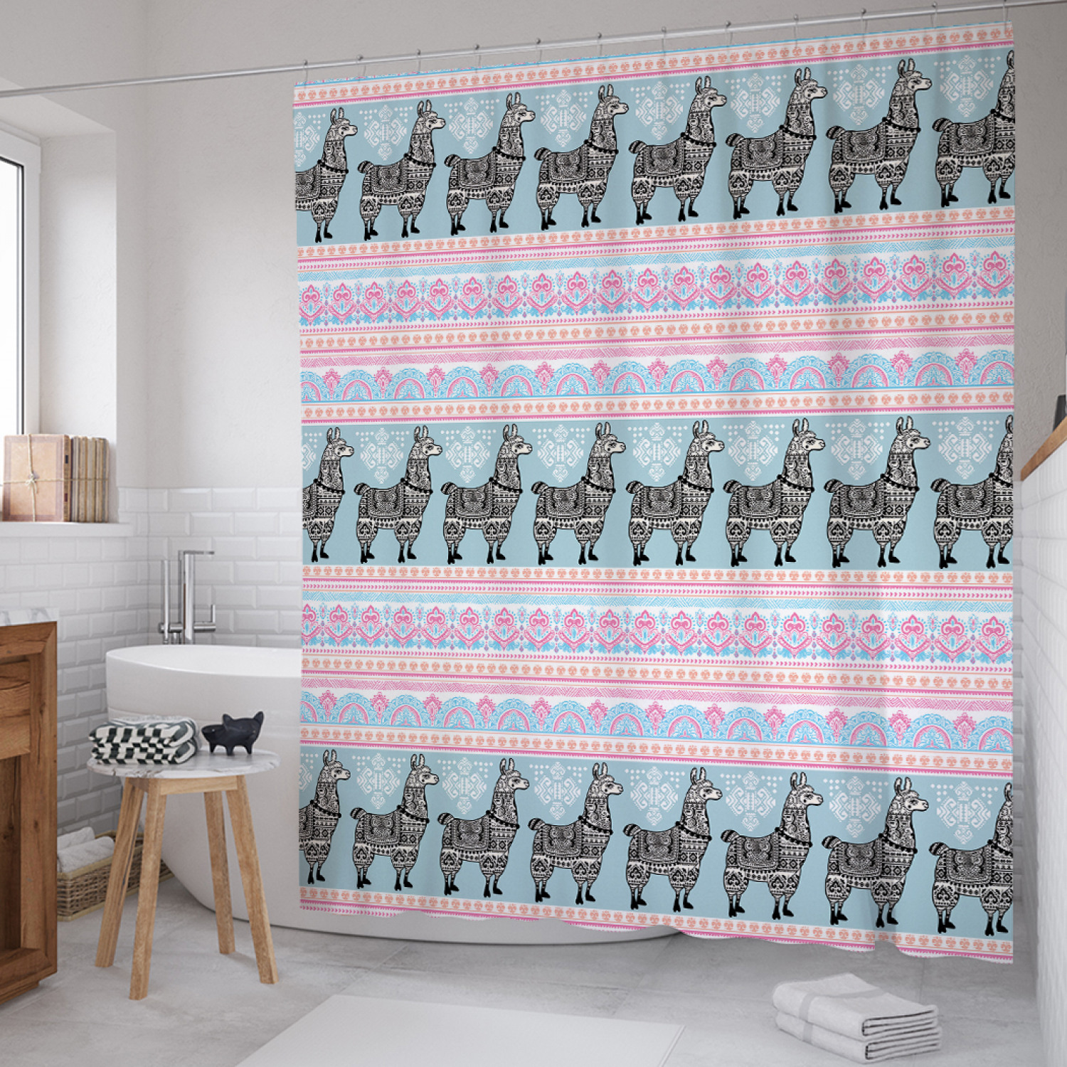 

Штора для ванной JoyArty "Орнаментальные ламы" из сатена, 180х200 см с крючками, Розовый, Орнаментальные ламы