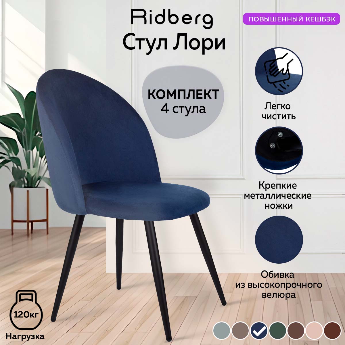 Стул Ridberg ЛОРИ Velour 4 шт. Deep Blue Лори