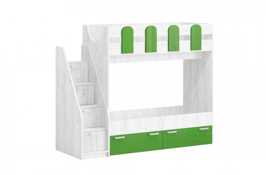 

Кровать двухъярусная Регион 058 Бемби-11 Изумруд металлик Дуб Крафт белый 0,8*1,8 м, Белый;зеленый;серый, Бемби-11