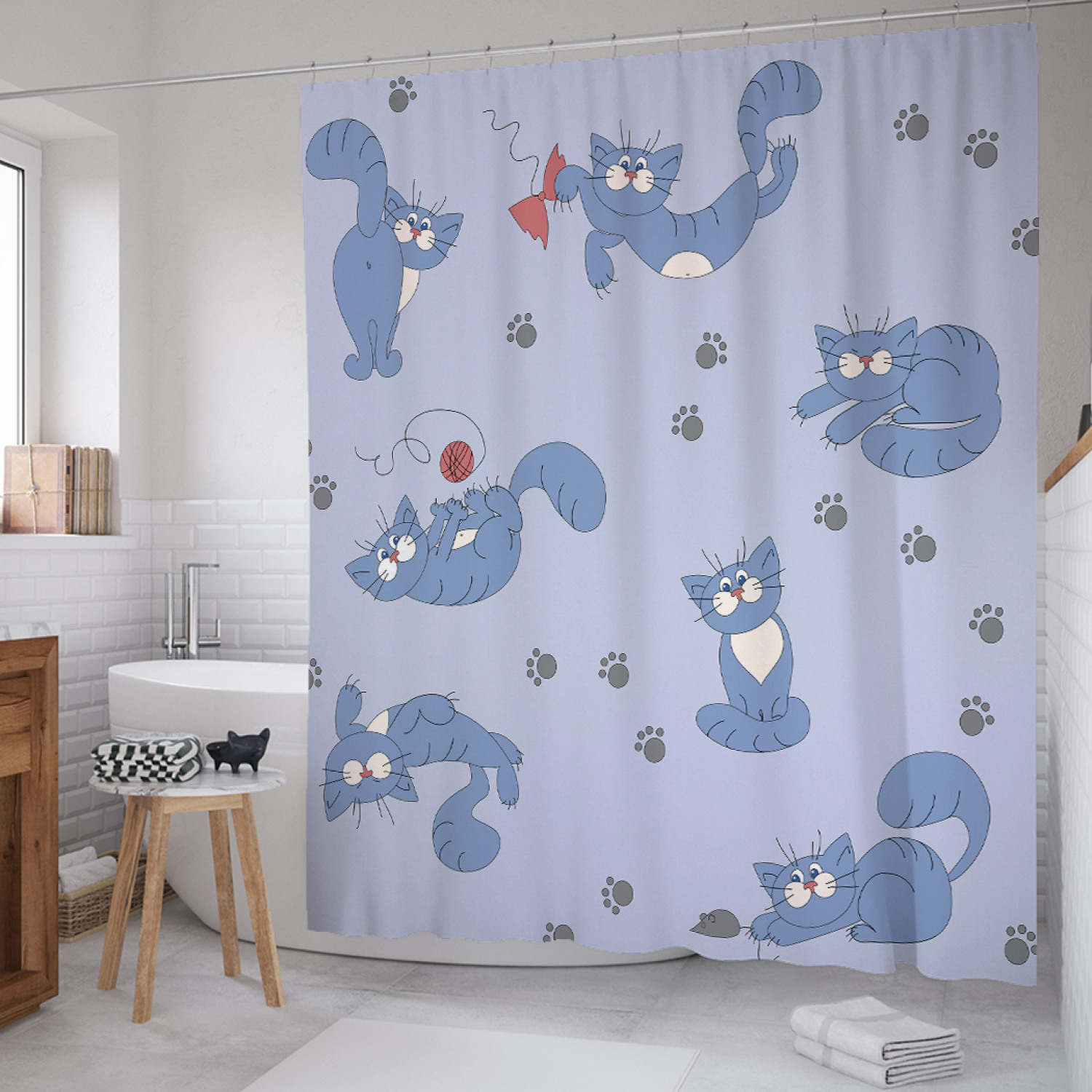 

Штора для ванной JoyArty "Кот играет фантиком" из сатена, 180х200 см с крючками, Голубой, Кот играет фантиком