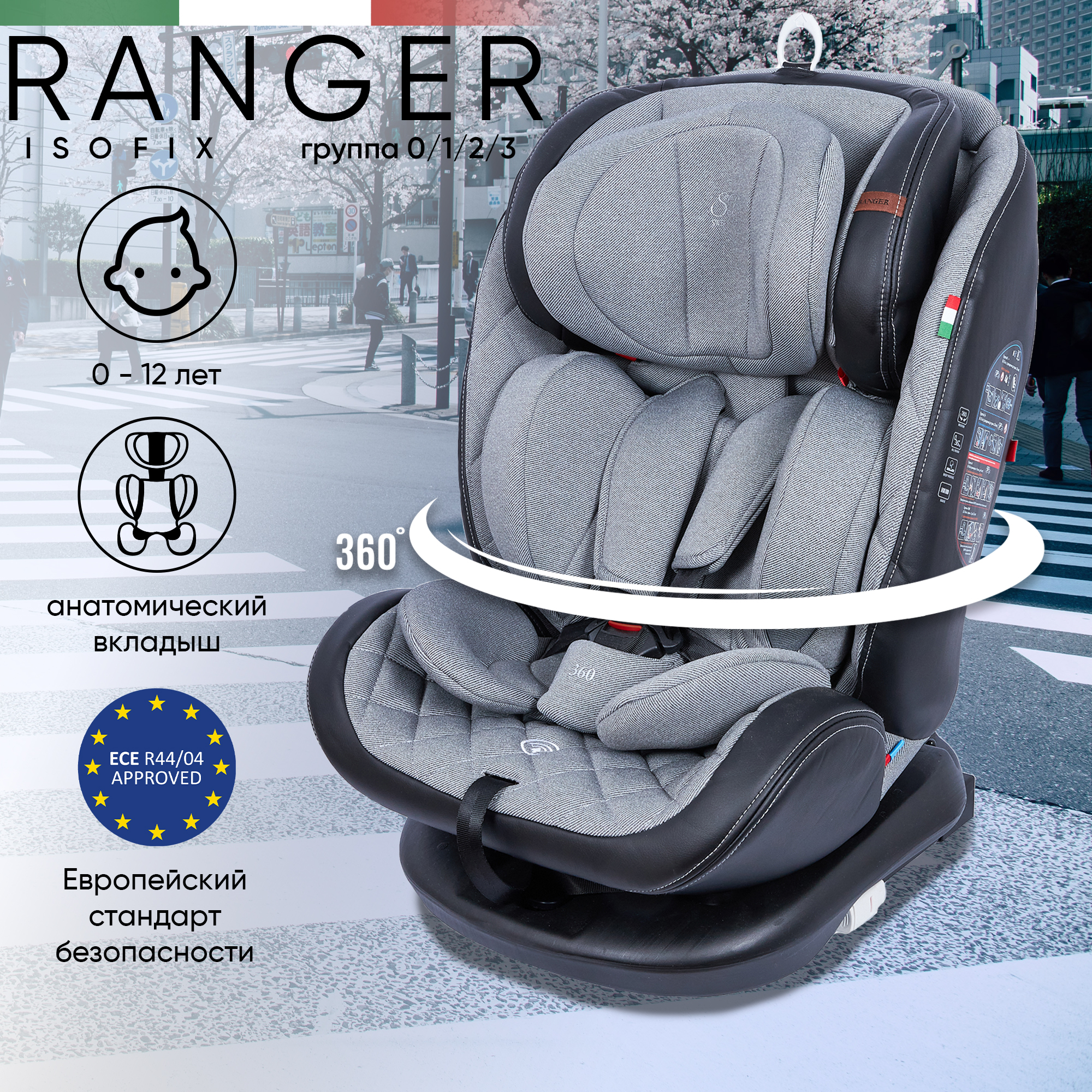 Автокресло поворотное группа 0123 0-36 Sweet Baby Ranger 360 Isofix Gray