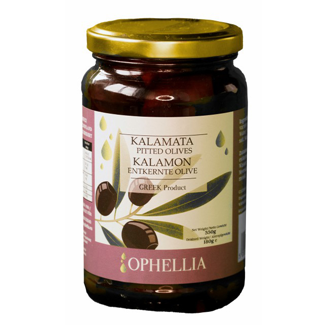 

Оливки Ophellia Каламата черные 188-200 в рассоле без косточки 350 г