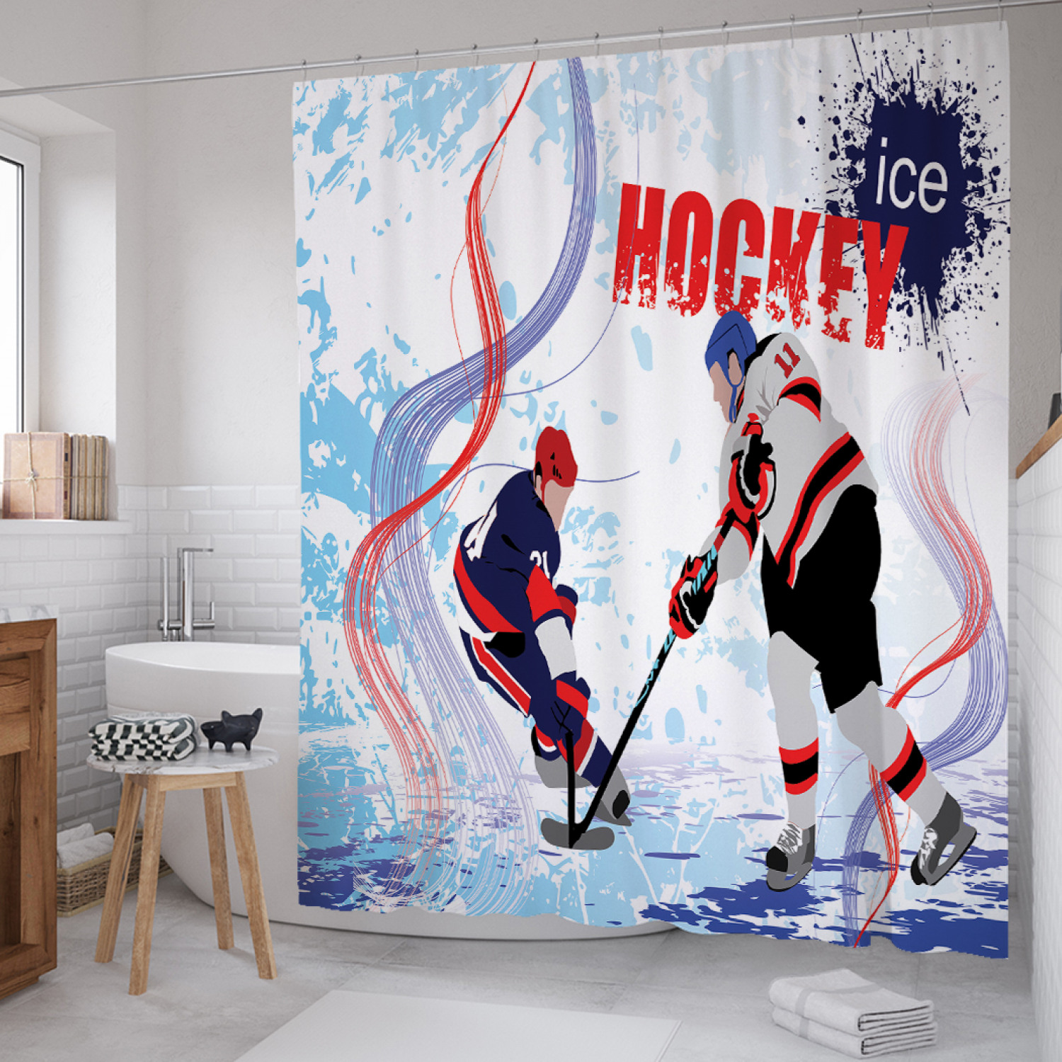 фото Штора для ванной joyarty "хоккей на льду" из сатена, 180х200 см с крючками