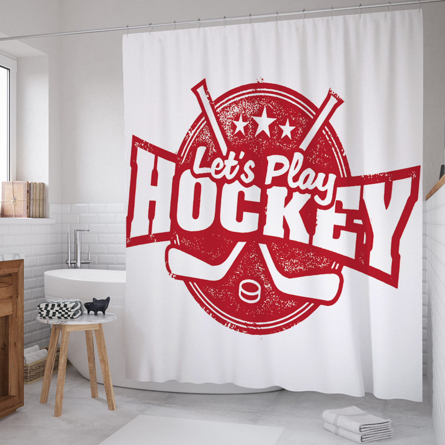 фото Штора для ванной joyarty "давай играть в хоккей" из сатена, 180х200 см с крючками