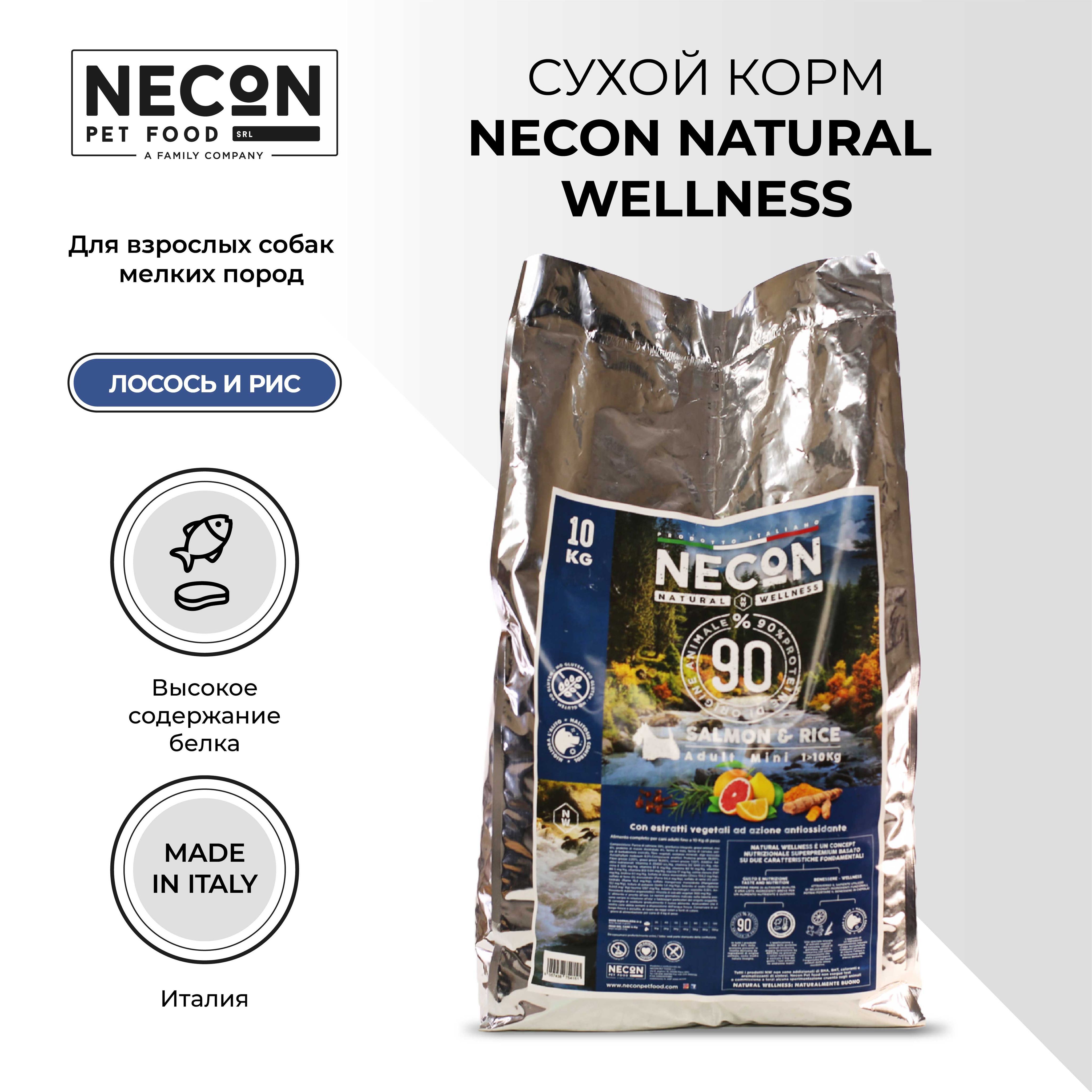 Сухой корм для собак Necon Natural Wellness Adult Mini, лосось и рис, 10 кг