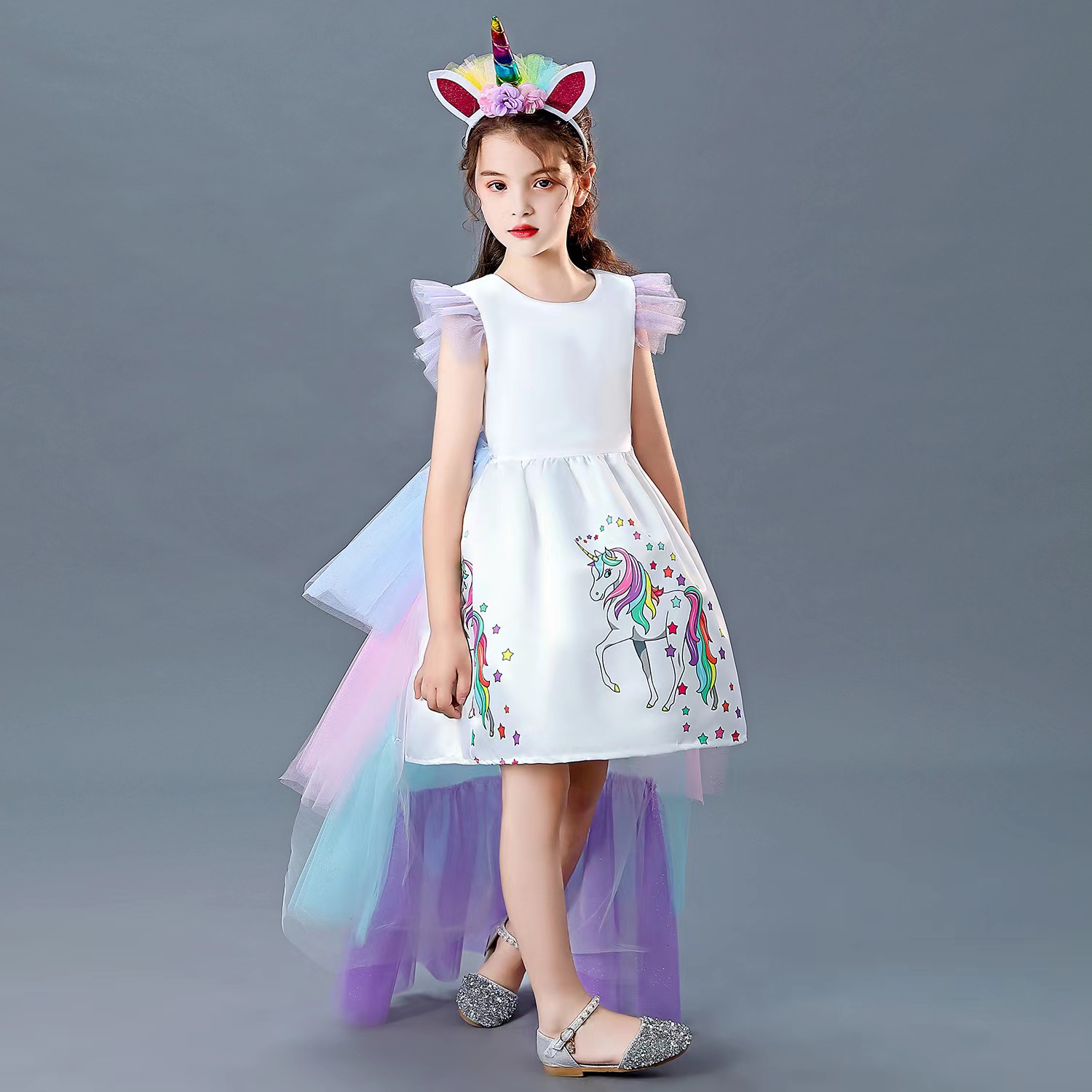 Праздничное платье для девочки ROYAL FELLE Единорог со шлейфом размер 150