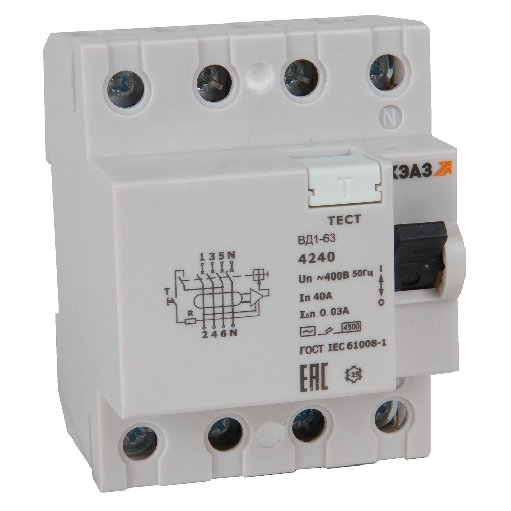 Выключатель дифференциального тока (УЗО) 4п 16А 30мА ВД1-63-4216-АС УХЛ4 электронное КЭАЗ