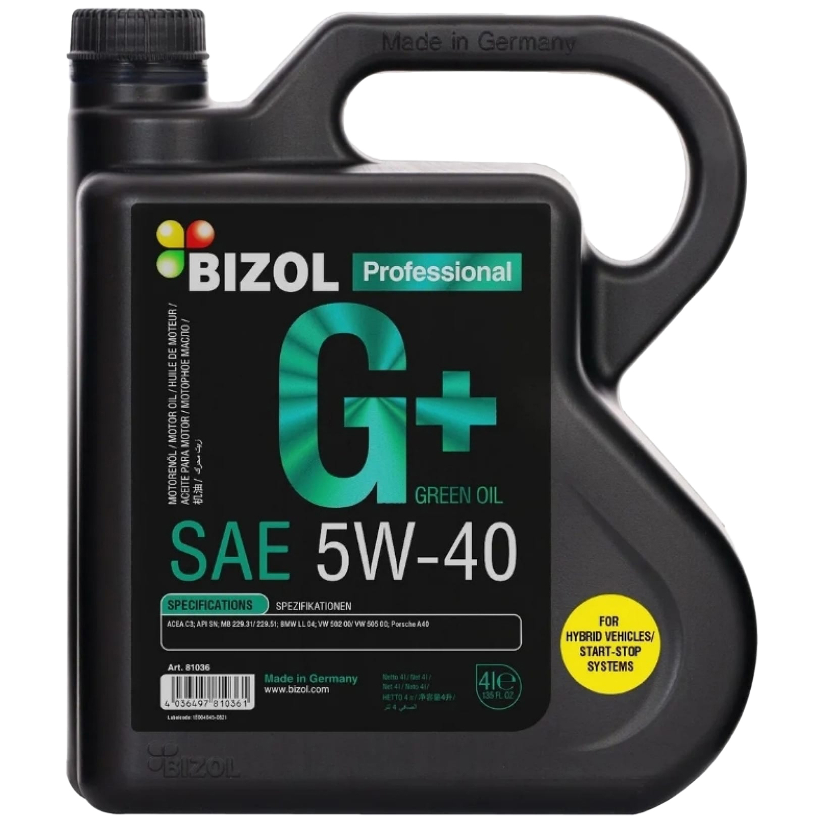 Моторное масло BIZOL Green Oil синтетическое 5W40 4л