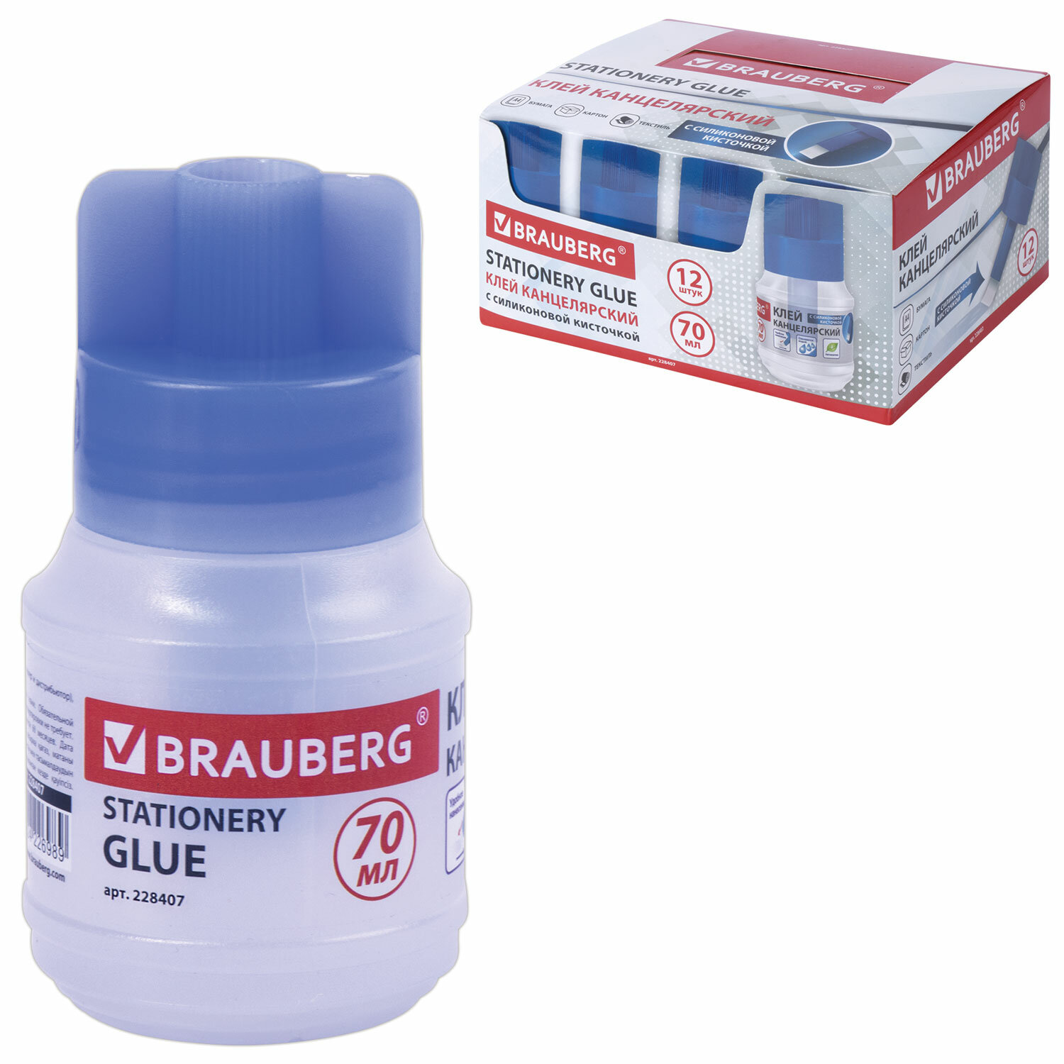 

Клей канцелярский Brauberg, 70 мл, с кисточкой, 228407, 12 шт