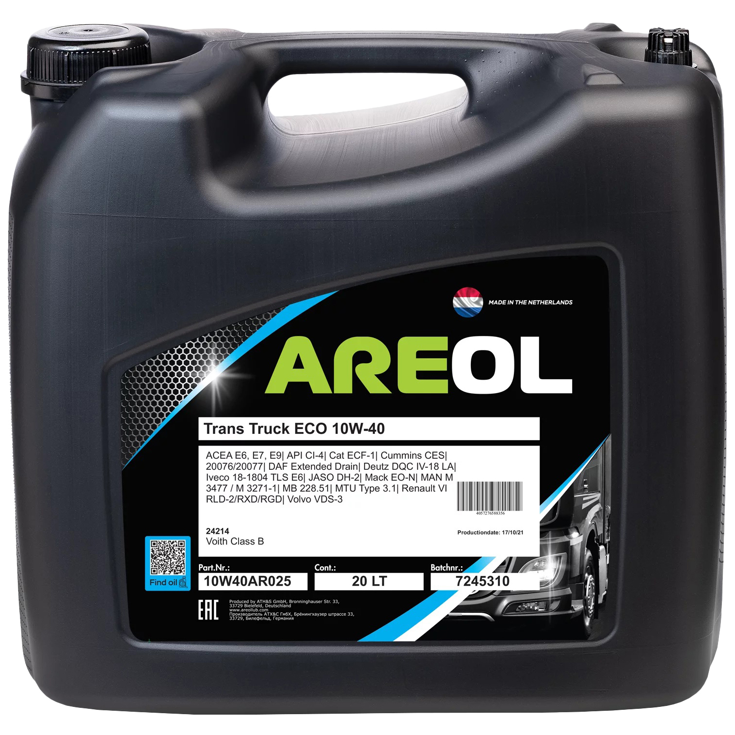 фото Areol 10w40ar025 areol trans truck eco 10w-40 (20l)_масло моторное! синт.\acea e6/e7, api