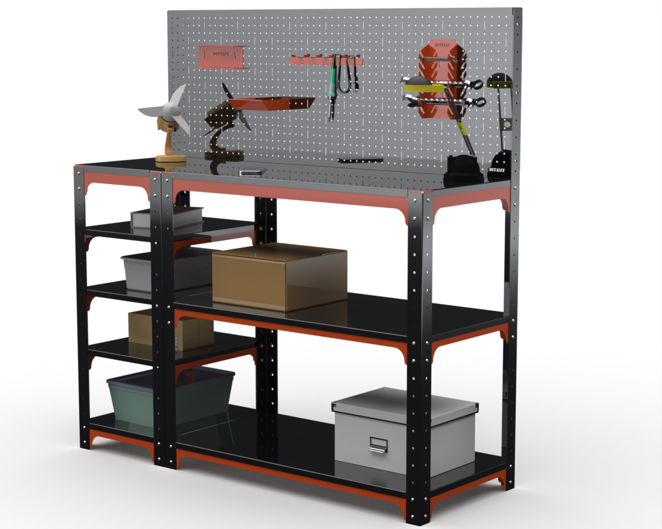 

Стол-верстак Metalex серия KIT 950х1200х400 с бок. полками, перфопанелью, оранжево-черный