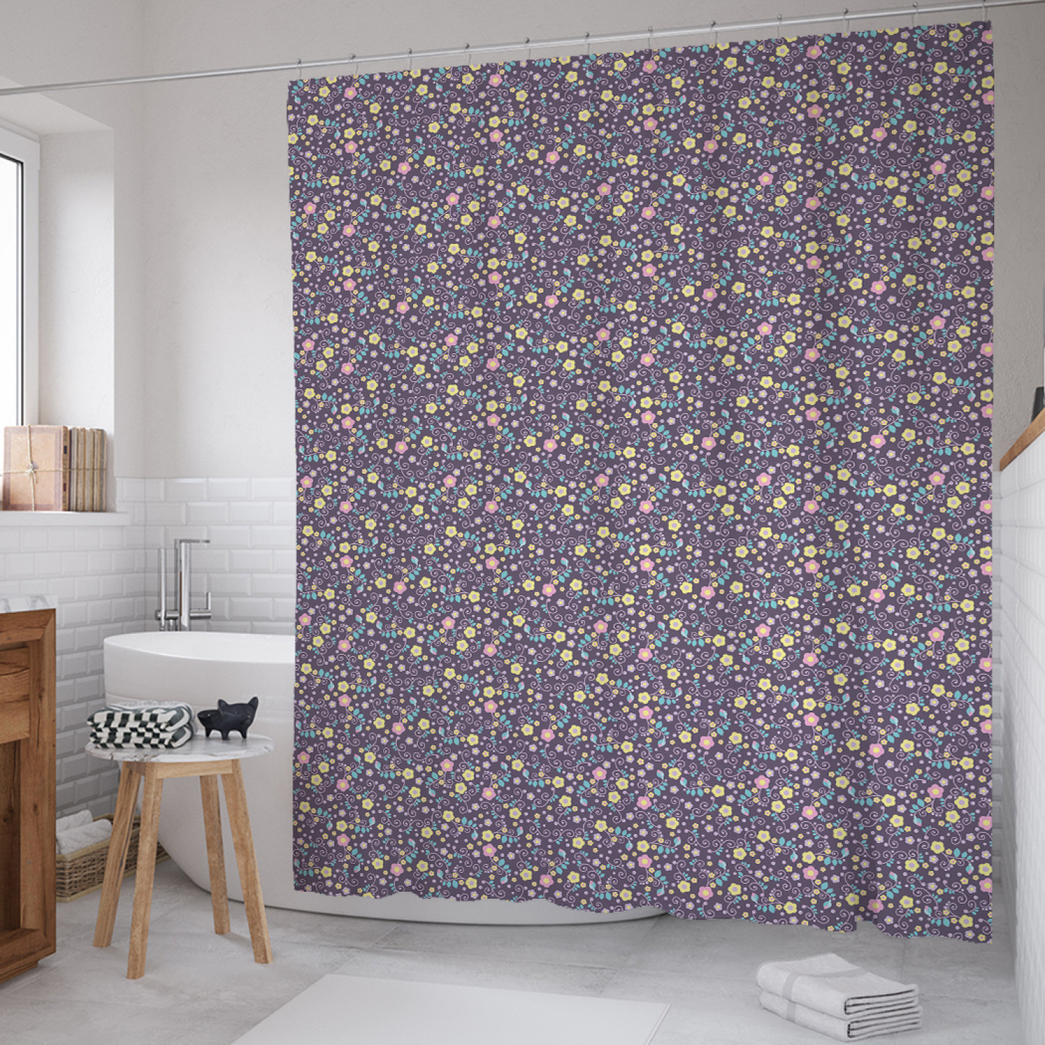 

Штора для ванной JoyArty "Завитки с двухцветными цветами" из сатена, 180х200 см с крючками, Фиолетовый, Завитки с двухцветными цветами