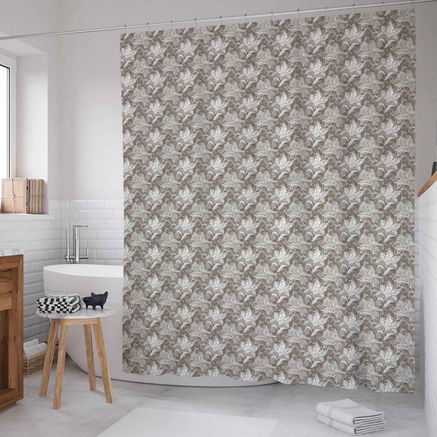 

Штора для ванной JoyArty "Цветочный мираж" из сатена, 180х200 см с крючками, Серый, Цветочный мираж