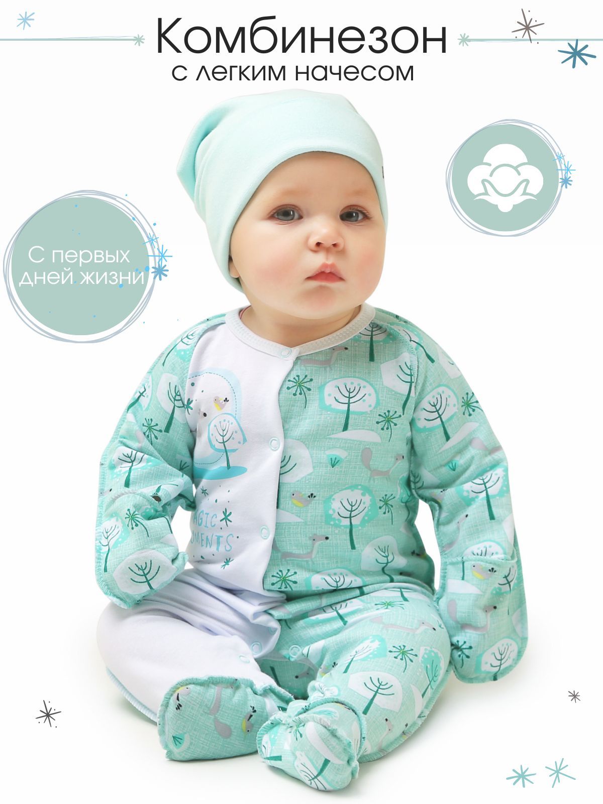 Комбинезон детский Babyglory MT002 Медвежата ментоловый 62 749₽