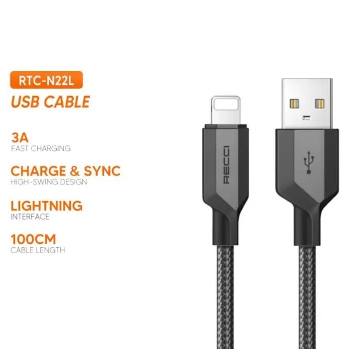 Кабель для зарядки телефона Recci RTC-N22L Giant USB to Lightning 2.4A, 1 метр - Черный