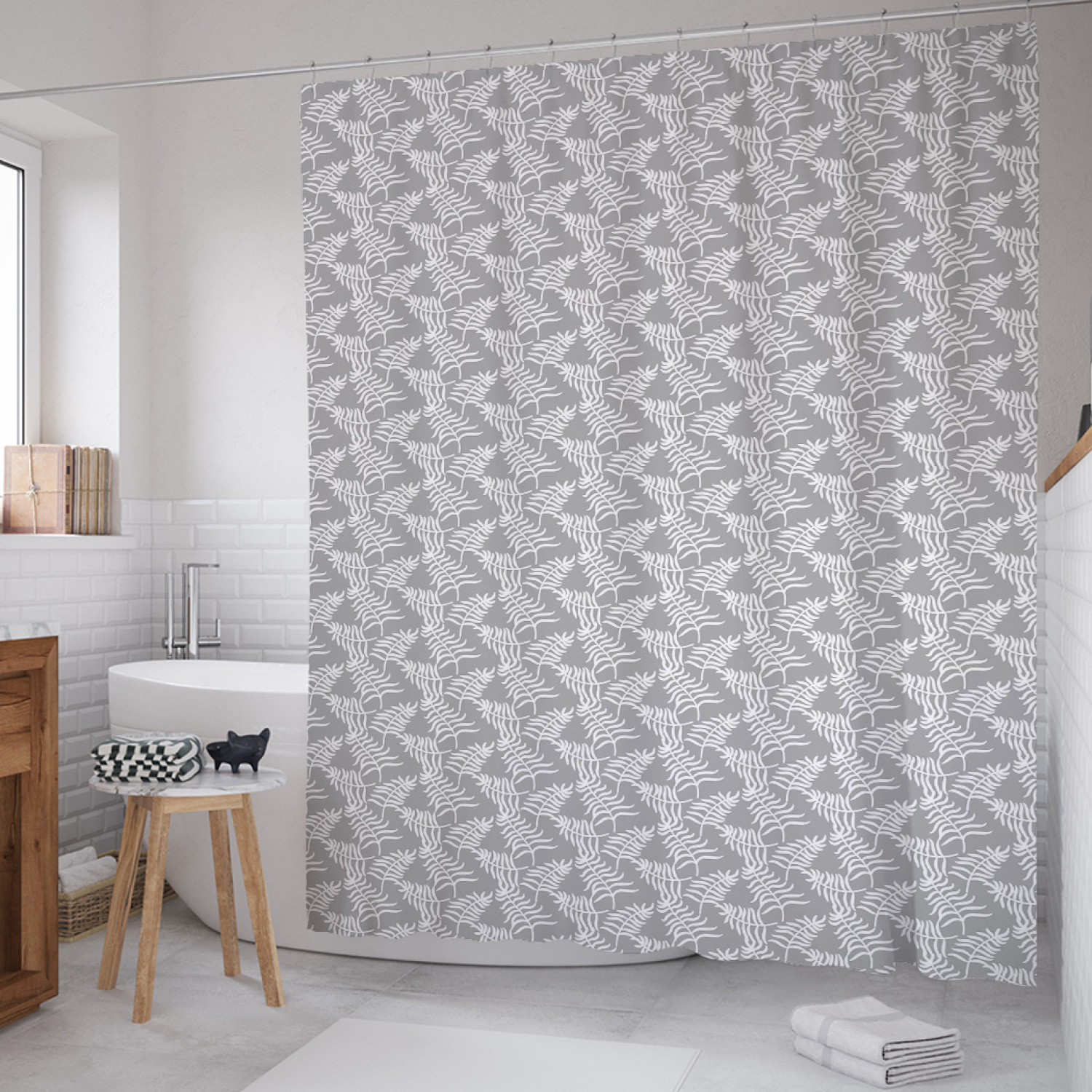 

Штора для ванной JoyArty "Отпечаток листьев" из сатена, 180х200 см с крючками, Серый, Отпечаток листьев