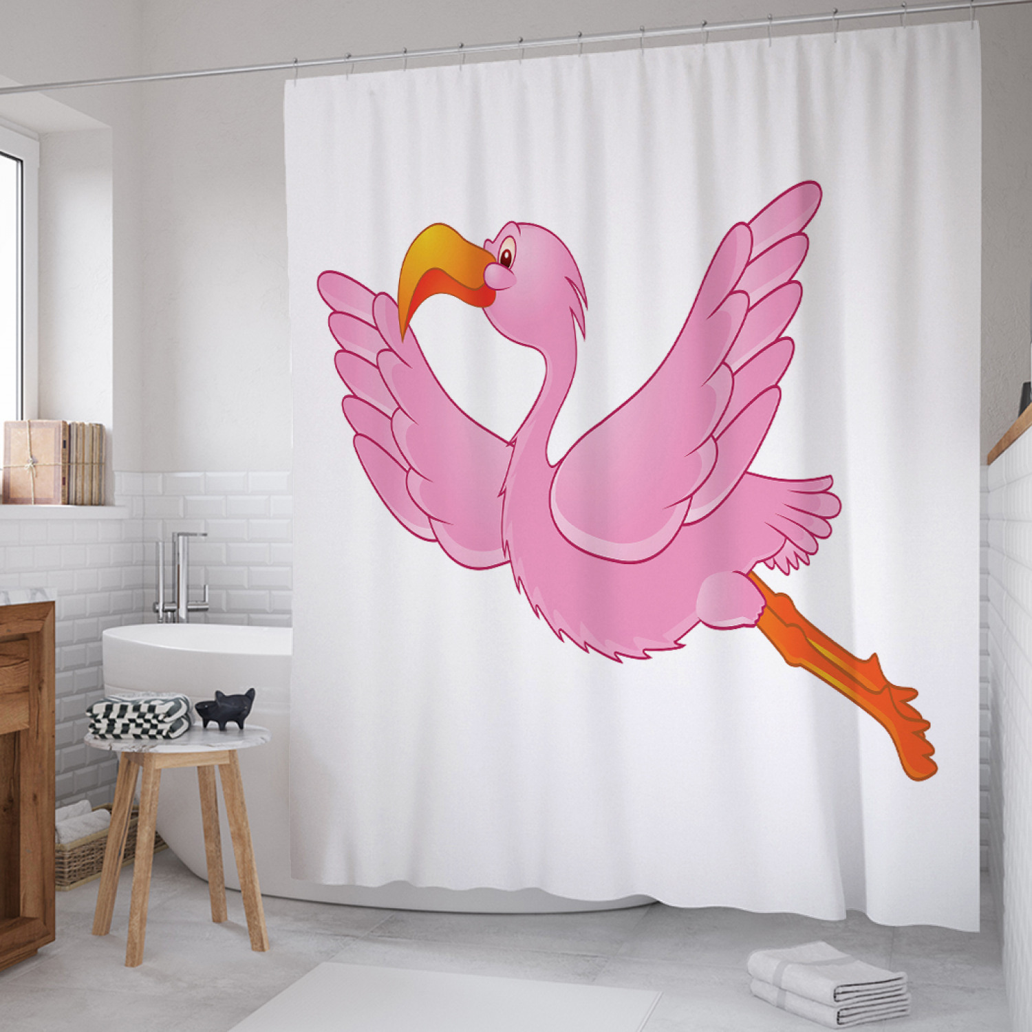 

Штора для ванной JoyArty "Первый полет фламинго" из сатена, 180х200 см с крючками, Белый, Первый полет фламинго