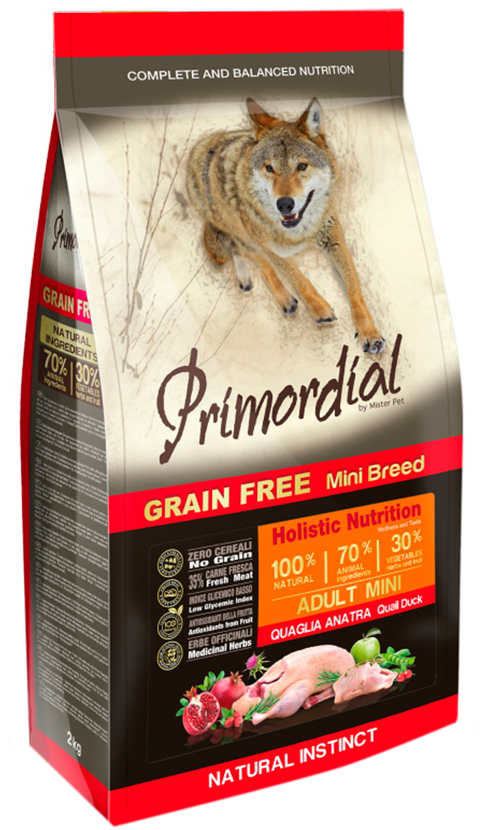 фото Сухой корм для собак primordial grain free , для мини пород, перепел, утка, 6кг