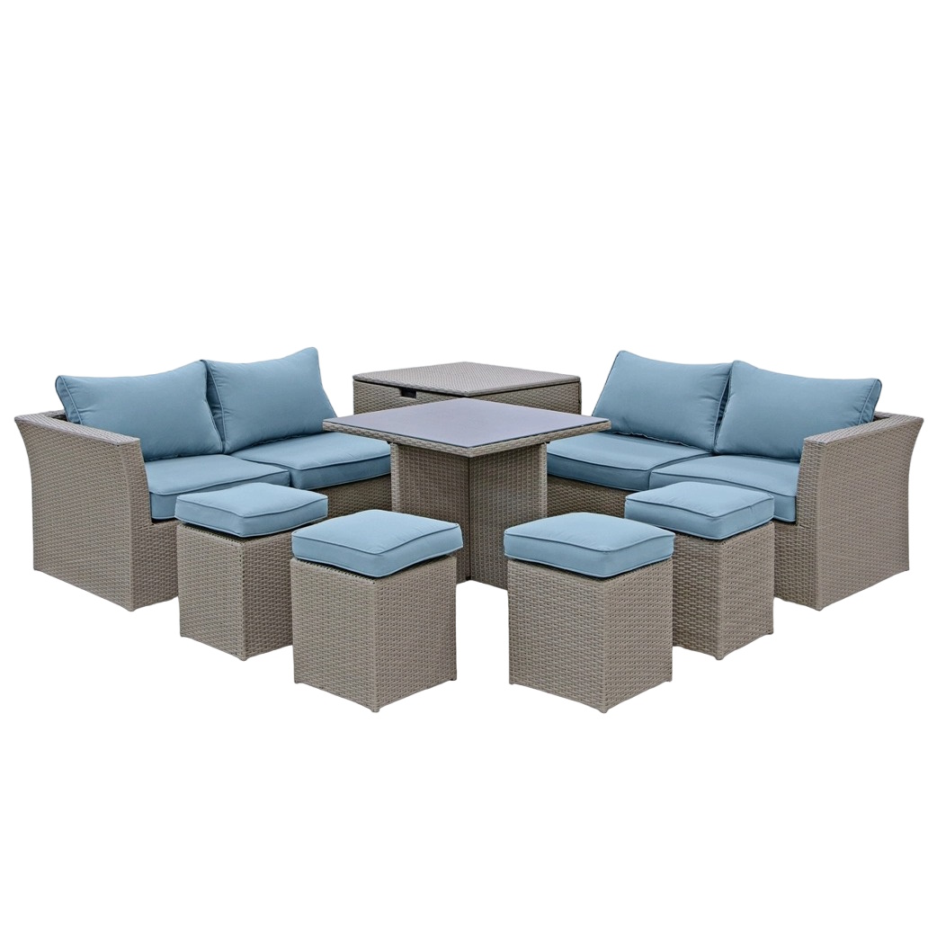 Набор мебели Greenpatio 8 предметов искусственный ротанг серый-голубой