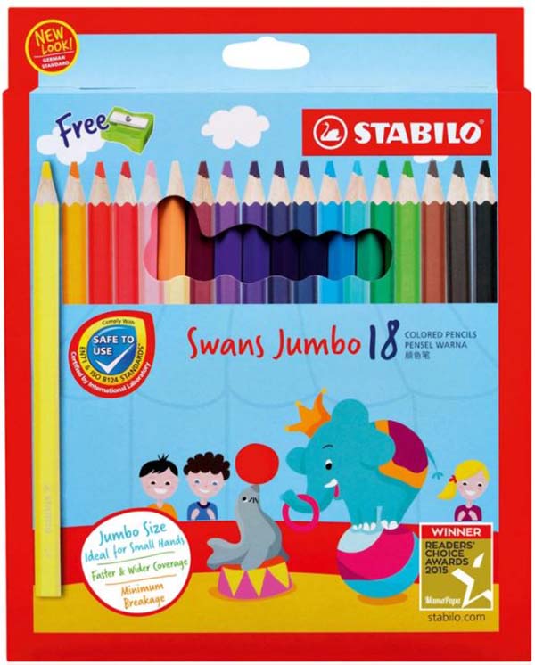 

Набор цветных карандашей "Stabilo Swans Jumbo", 18 цветов, Голубой;желтый;зеленый;коричневый;красный;оранжевый;розовый;серый;синий;фиолетовый;черный