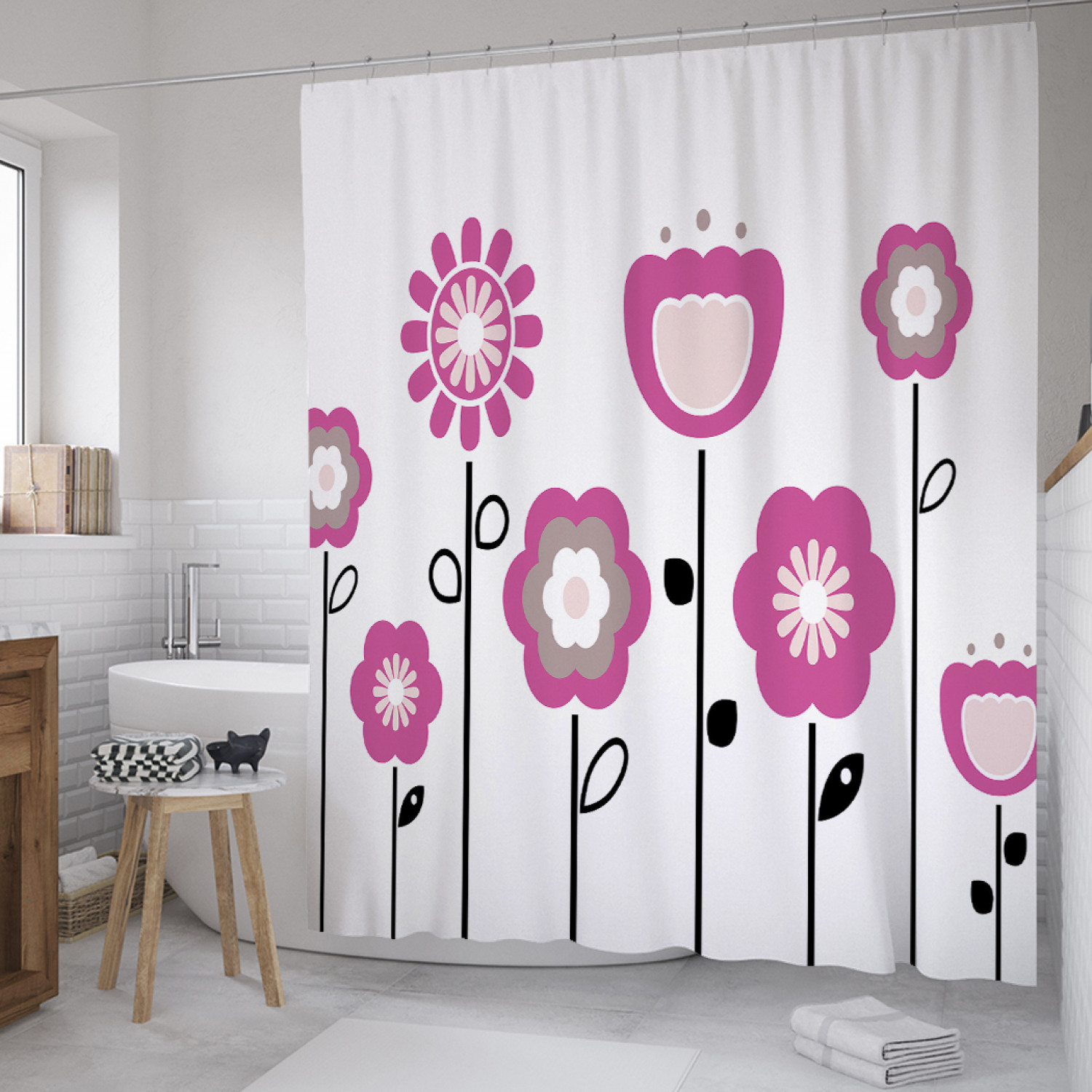 

Штора для ванной JoyArty "Самобытность цветов" из сатена, 180х200 см с крючками, Белый, Самобытность цветов