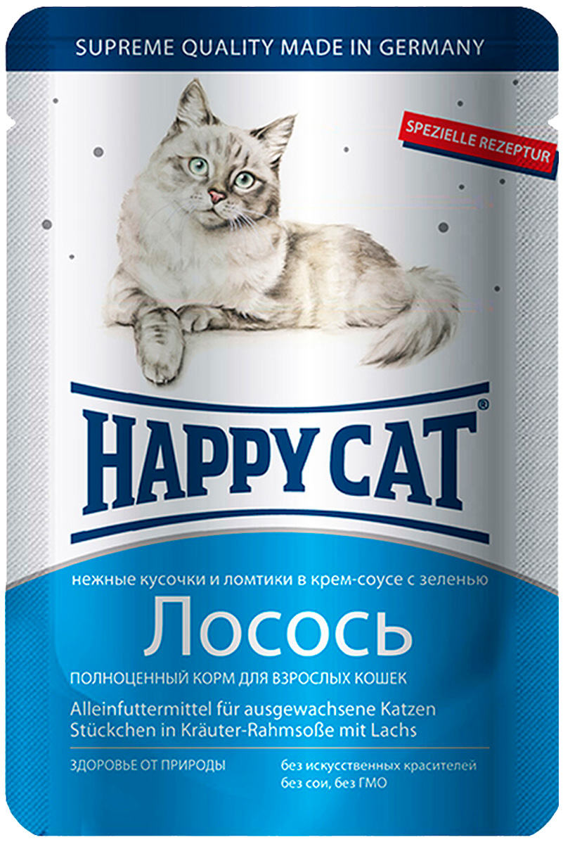 фото Влажный корм для кошек happy cat , ломтики с лососем в соусе , 22шт, 100г