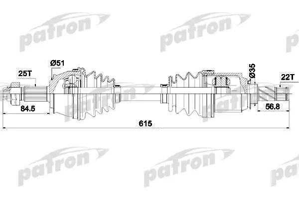 

Полуось передняя левая 25x616x51x22 OPEL: CORSA D 1.3CDTI (55KW) 06- PATRON PDS0288