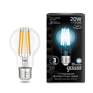 фото Лампа gauss filament а60 20w 1850lm 4100к е27 led 1/10/40