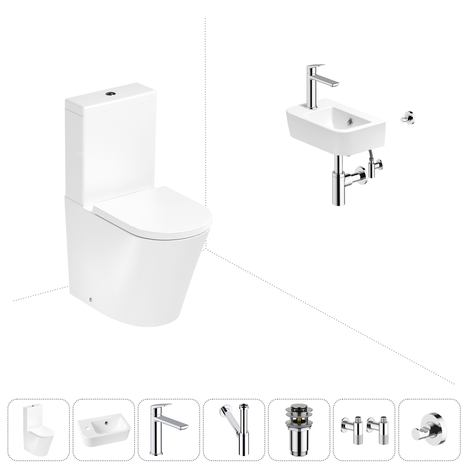 

Безободковый напольный унитаз Lavinia Boho Biore Rimless 202008805 в наборе 7 в 1, Белый, Набор для туалета_Biore_3304203R_левсторонняя раковина_ 7 в 1