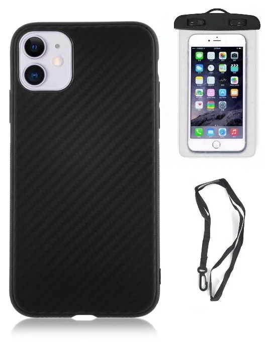 фото Чехол накладка для iphone 11 с текстурой карбон / комплект с влагозащитным чехлом черный qvatra