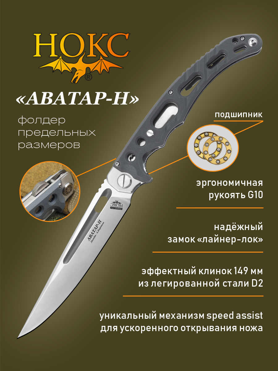 

Нож складной НОКС Аватар-Н 334-108404, сталь D2, Черный, Аватар-Н