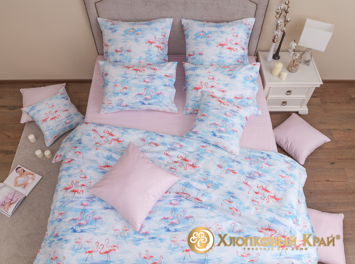фото Комплект постельного белья "фламинго розовый" евро хлопковый край 76207