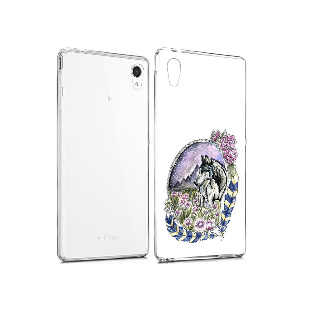

Чехол MyPads Tocco для Sony Xperia M4 Aqua нарисованный волк в цветах с перьями, Прозрачный, Tocco