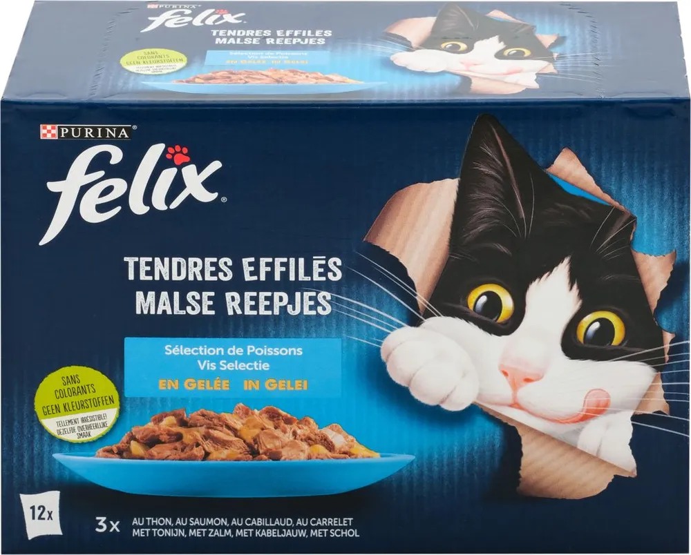 Влажный корм для кошек Felix с тунцом, лососем, треской и камбалой, 12 шт по 85 г