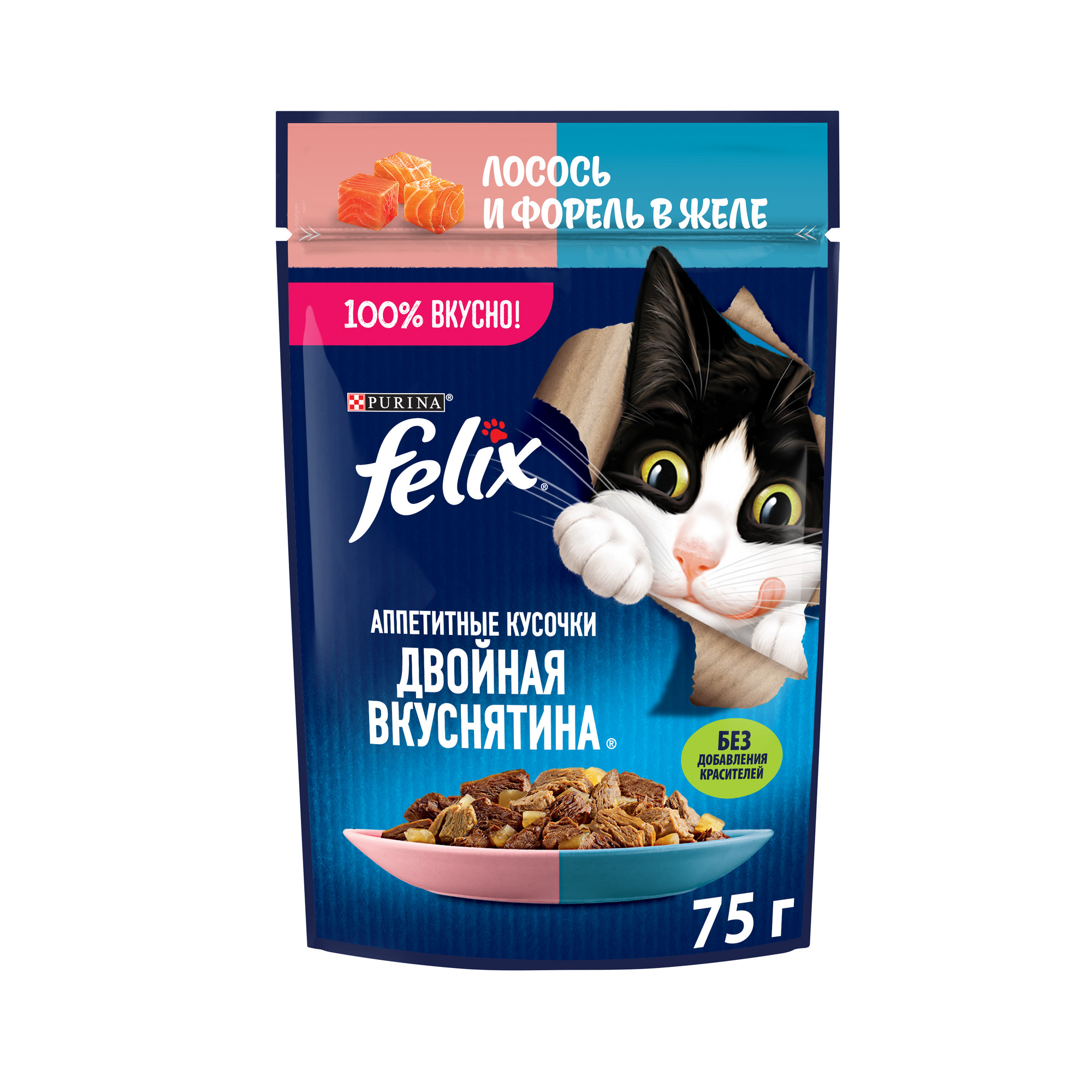 Влажный корм для кошек Felix Аппетитные кусочки с лососем и форелью, 75 г